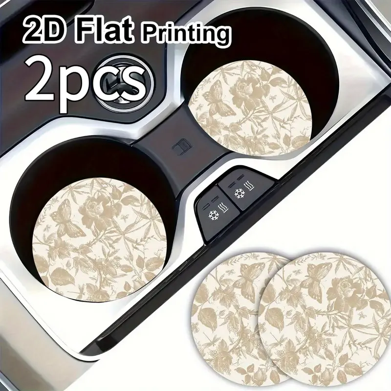 2pcs Floral Car Cup Holder Coasters Non-Slip Insulated Rubber Suitable for Most Vehicles, Beige & Brown Fit Cup Holders, Durable Dashboard Protectors for Hot/ Drinks, Car Accessories for Moms, Easter Gifts for Car Interior