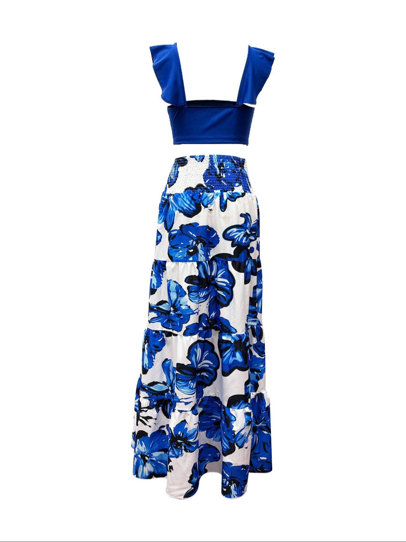 Women's Solid Ruched Ruffle Floral Print Skirt Two-piece Set, Elegant Boho Crop Top & Shirred Maxi Skirt for Beach Holiday Vacation, Ladies Summer Clothes