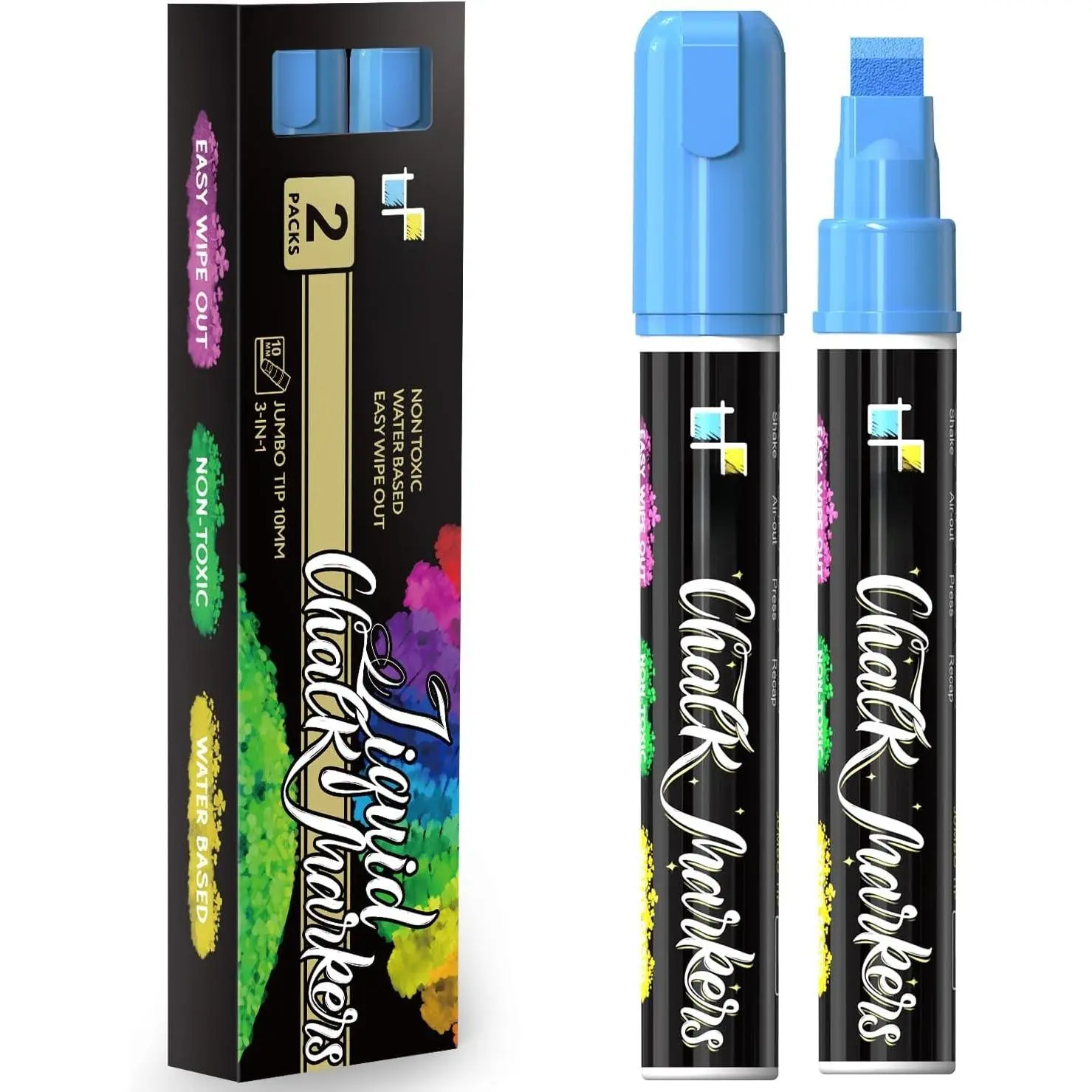 Blue Liquid Chalk Markers - 2-Pack Chalk Pens with 10mm 3-in-1 Wide Nibs, Erasable Tips, Dry & Wet Erase for Glass, Chalkboard, Calendar