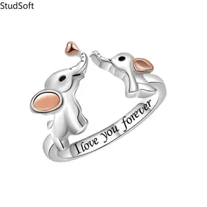 Women 925 Sterling Silver Ring Mother Child Elephant Open Rings Fashion Rose Gold Engraved Promise Jewelry Cute Mothers Day Gift for Mom Daughter