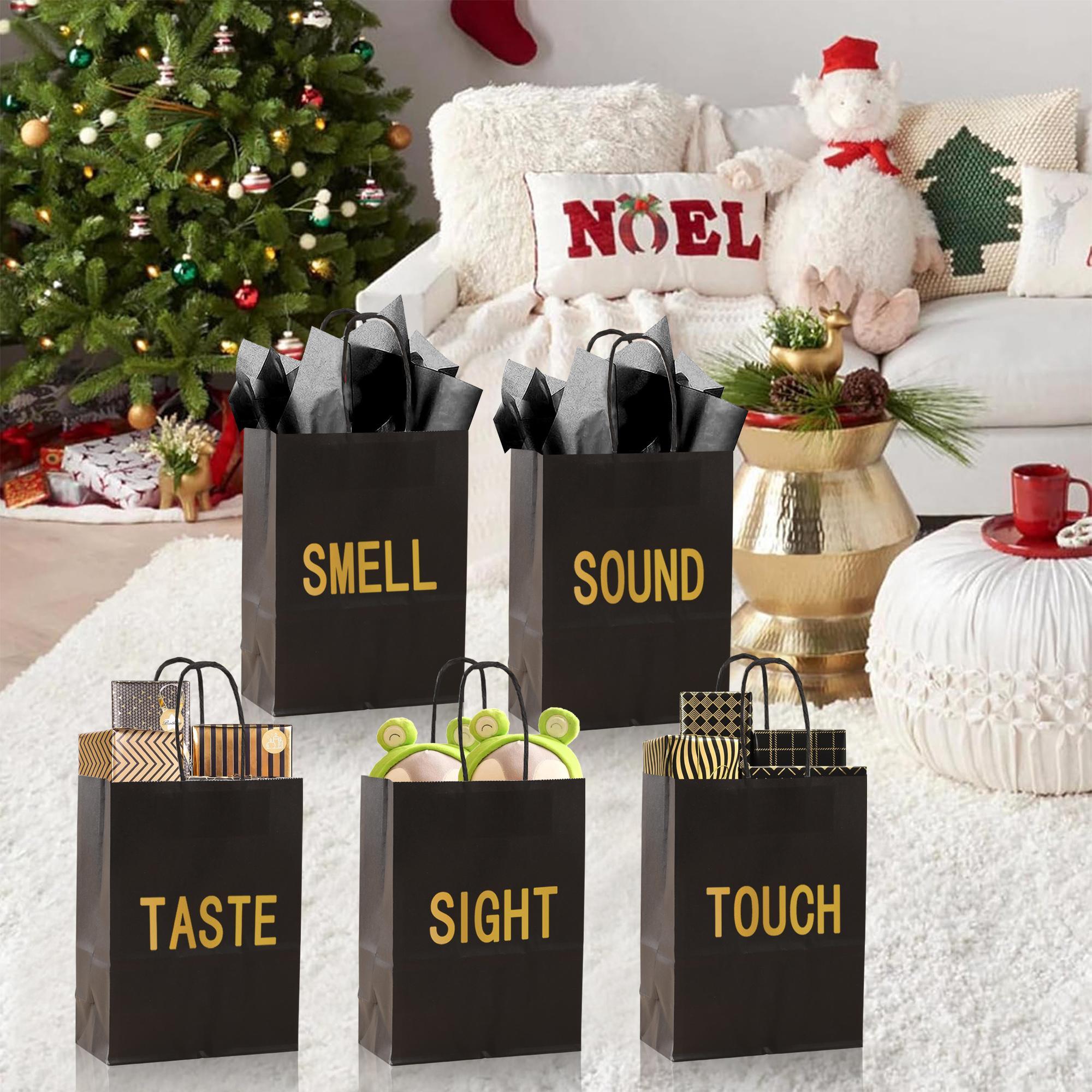 Black Paper Gift Bags with Handles, 5-Count Gift Wrapping Bag Set for Birthday, Wedding and Anniversary, Party Gift Packs, Graduation Gifts and Mystery Birthday Gifts for Him or Her