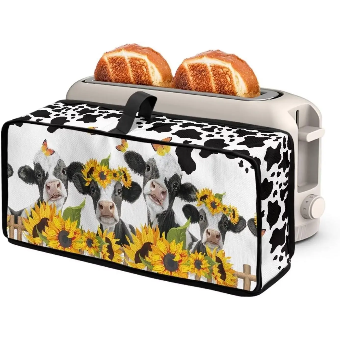 Sunflower Cow Pattern Printed Kitchen Toaster Cover - Slim, With Handle, Fits Most Standard 2-Slice Long Slot Toasters, Dust-Proof Appliance Protector