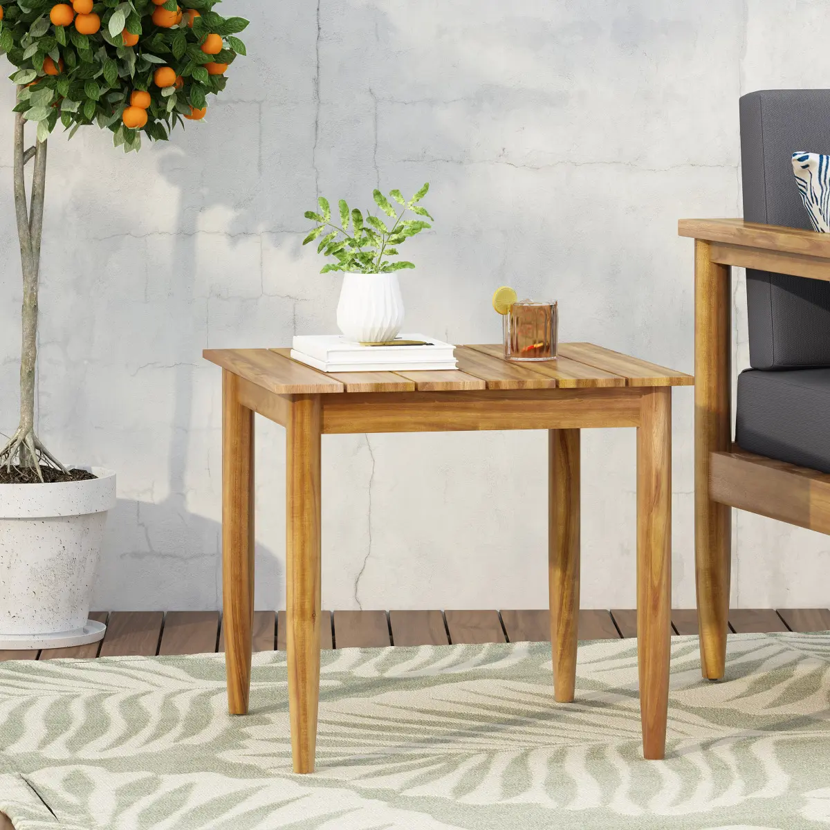 Rustic Acacia Wood Side Table with Slat Top – 20" W x 20" D x 18.25" H, Weather-Resistant Outdoor End Table for Patio, Garden, or Entryway