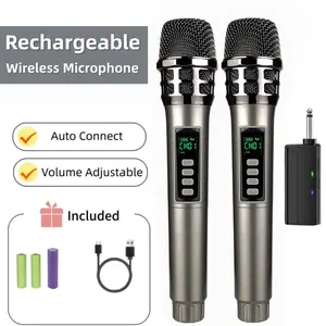 Grey Wireless Dual Microphones with Large Mesh Caps, rechargeable batteries and independent volume control. Features 4 funny voice changer effects with loud output volume. Ideal for KTV, meetings, speeches, singing parties, teaching, church event and more