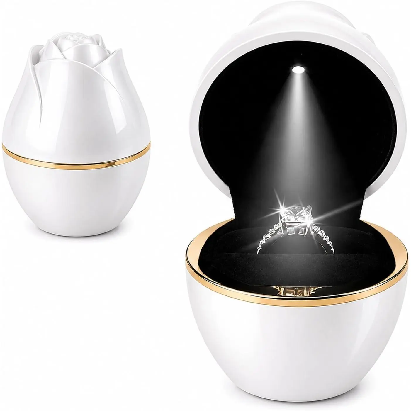 Rose LED Ring Box with Auto Light, White Ring Case for Proposal | Romantic Ring Reveals, For Engagement, Anniversary or Wedding  Moments, Automatic LED Light, Ring Sparkle to Display