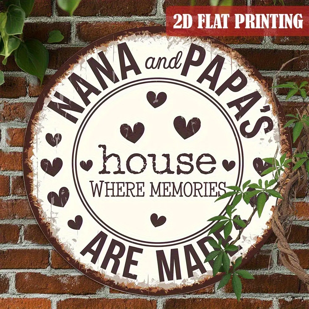 1 Retro-Style "Nana And Papa'S House" Round Metal Signage | 8X8 Inch Rustic Farmhouse Style Wall Art with Heart-Shaped Decor And Home Introduction, Optional Home Name, Prefabricated Holes for Easy Hanging - Indoor/Outdoor Home, Porch