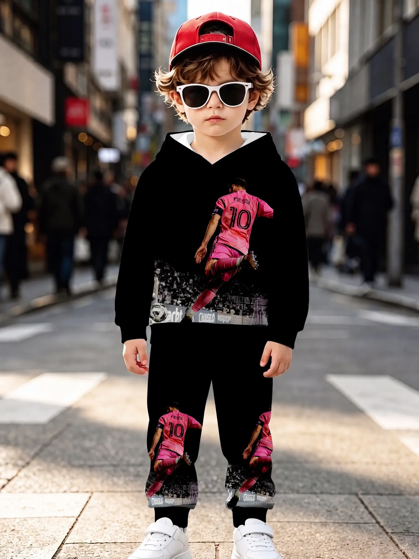 Full Print Kids Trendy Hooded Sweatshirt Two-Piece Set, Casual Long Sleeve Loose-Fit, Fall & Winter Natural Waist Sweapants