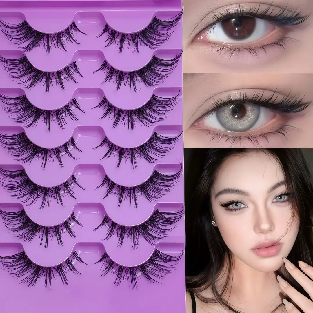 7 Pairs Lightweight European C Curl False Eyelashes, Transparent Strip Design, Clear and Natural Look, Single Piece Application