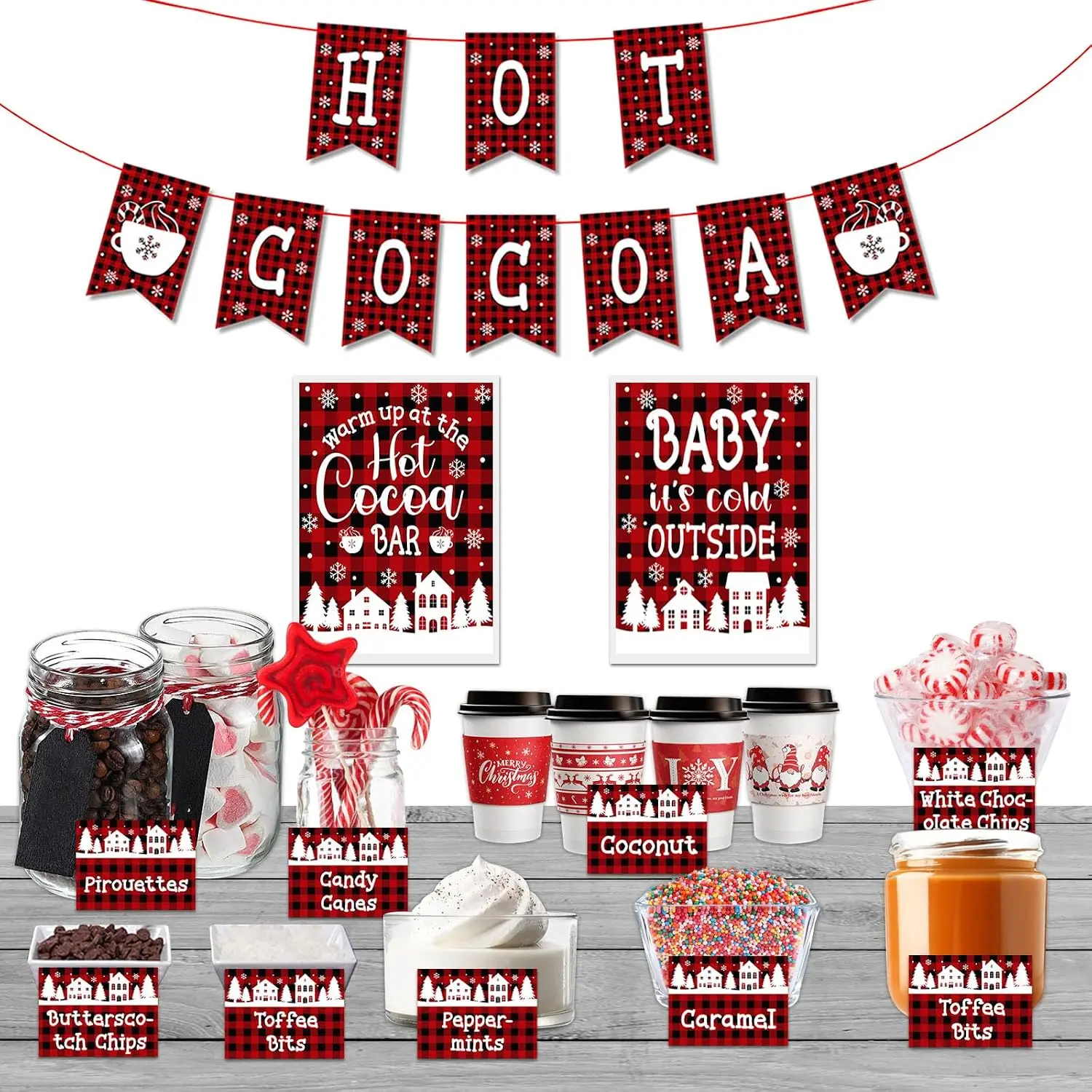 Hot Cocoa Bar Kit Set - Wall Banner, Table Decor, Buffalo Check Sign, Toppings Labels, Cup Tags, Stickers for Winter Christmas Party Gifts & Cold Weather Decorations, Wedding