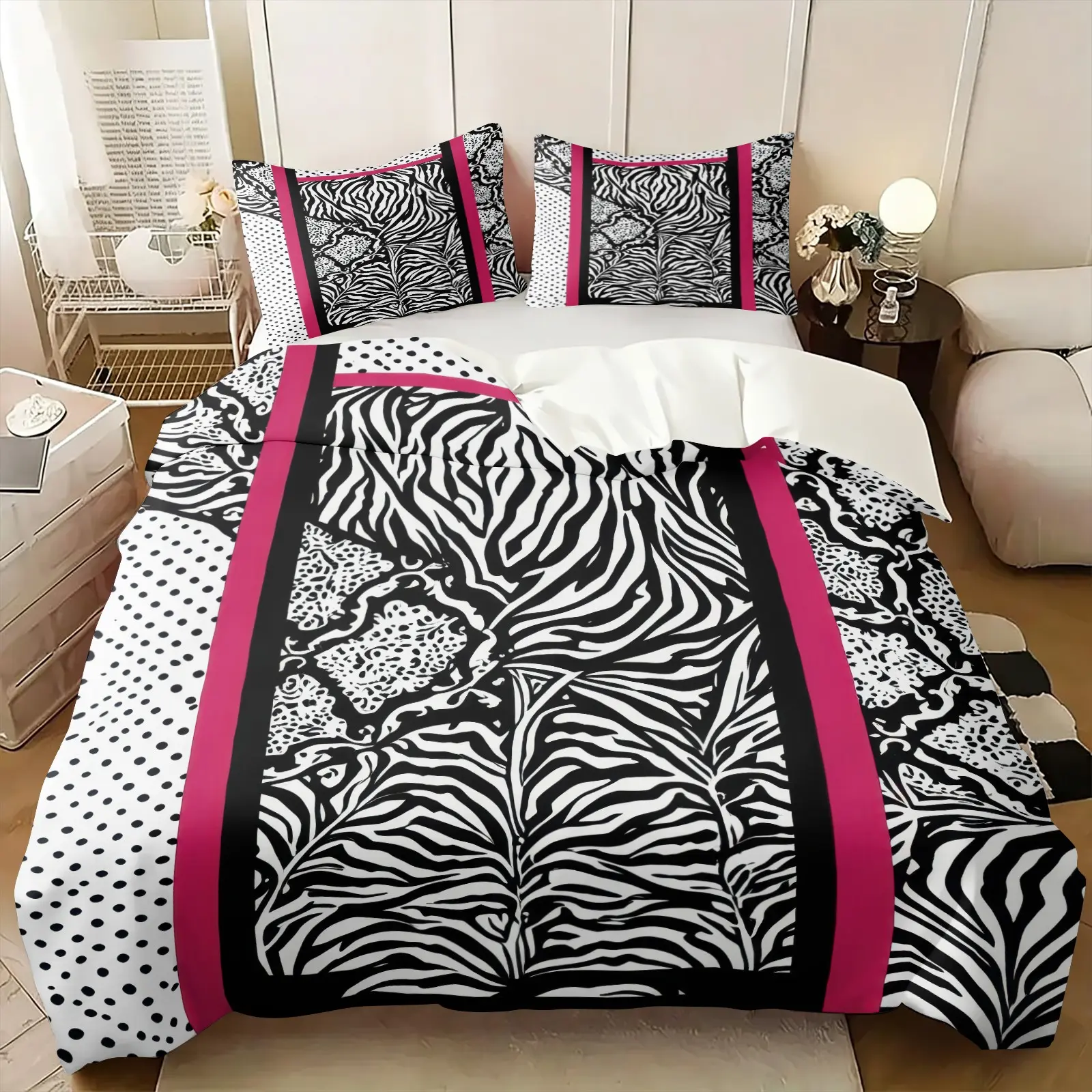 Y2K Millennium Sweet Cool Black White Hot Pink Contrast Duvet Cover Set, Include 1 Quilt Cover and 1/2 Pillowcases, Zebra Polka Dot Leopard Patchwork Trendy Print Comforter Cover, Millennial Aesthetic Soft Breathable Bedding