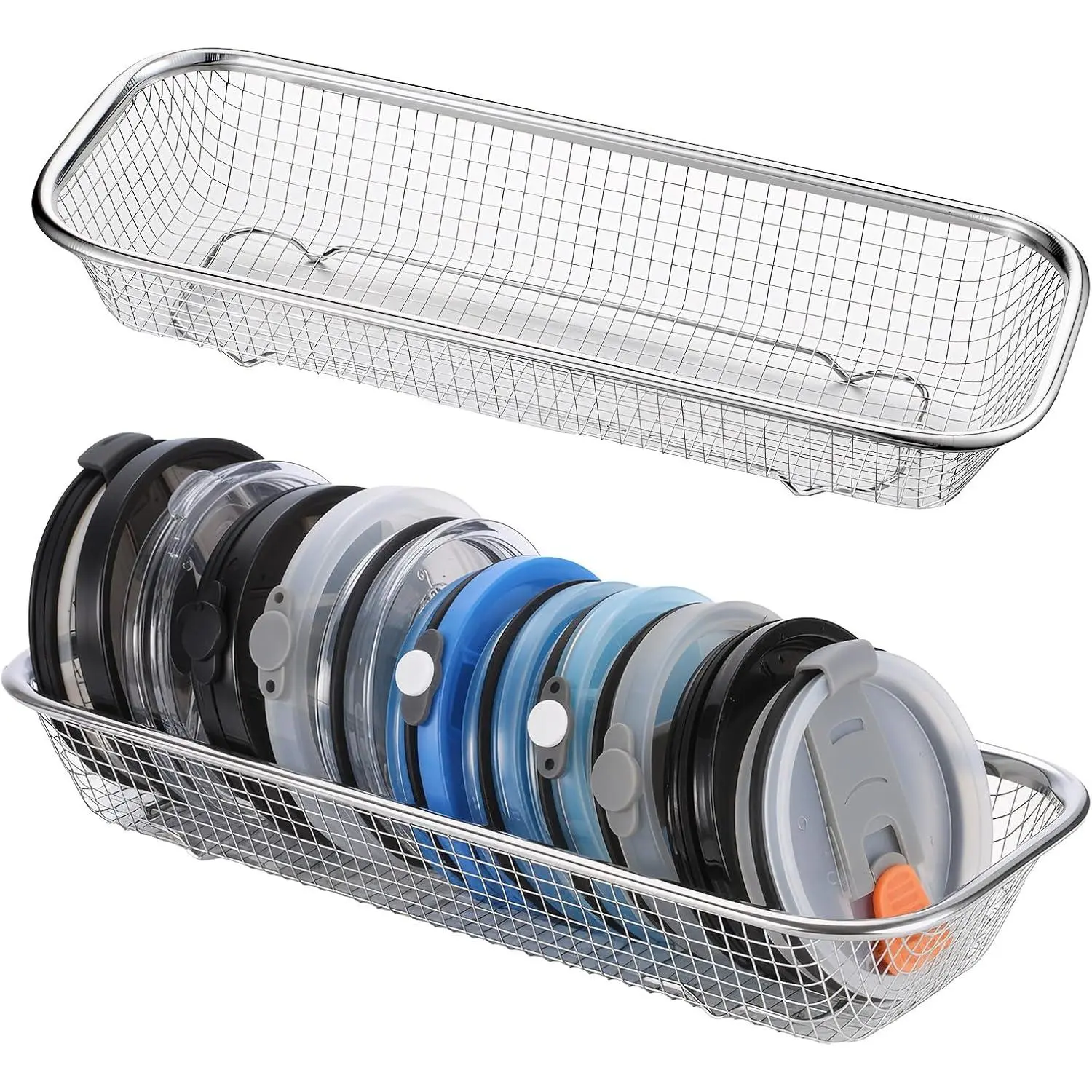 2 count Mason Jar Lid Organizer Stainless Steel Tumbler Cup Lid Organizer Dishwasher Basket Cutlery Silverware Hold Rectangular Basket for Storage of Silverware Chopsticks Straws and Utensils