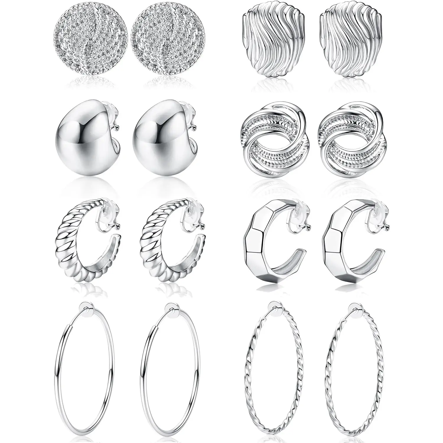 8 Pairs Clip On Earrings for Women, 14K Gold Plated Chunky Hoop Clip Earrings, Hypoallergenic Lightweight Fake Hoop Earrings, Non-Piercing Jewelry in Gold & Silver Tone