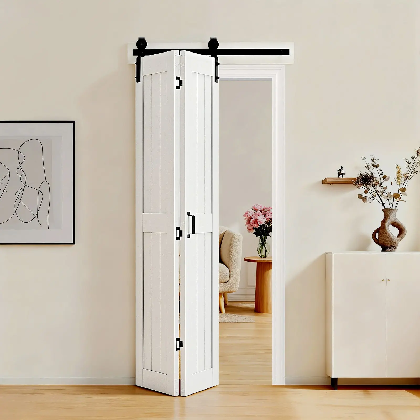 VEVOR MDF Wood Bifold Barn Sliding Door, 36"x84" Rectangular, Compact Homes H-Frame Space-Saving, Quiet Glides Hardware Kit Included, White, Need to Assemble, for Bedroom, Wardrobe [toolupgrade]