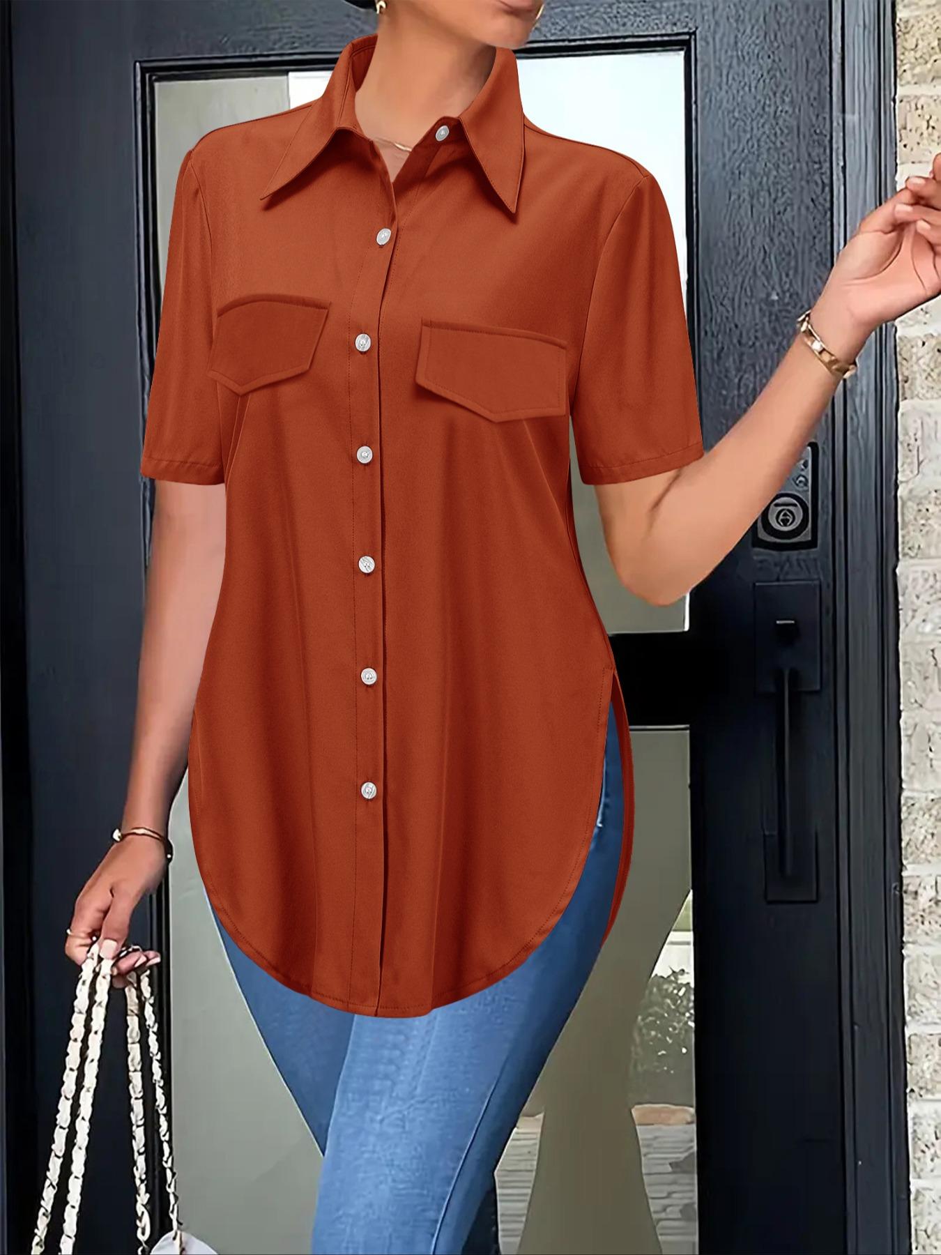 Women's Plain Short Sleeve Button Shirt, Casual Top for Daily Wear, Ladies Clothes for Summer