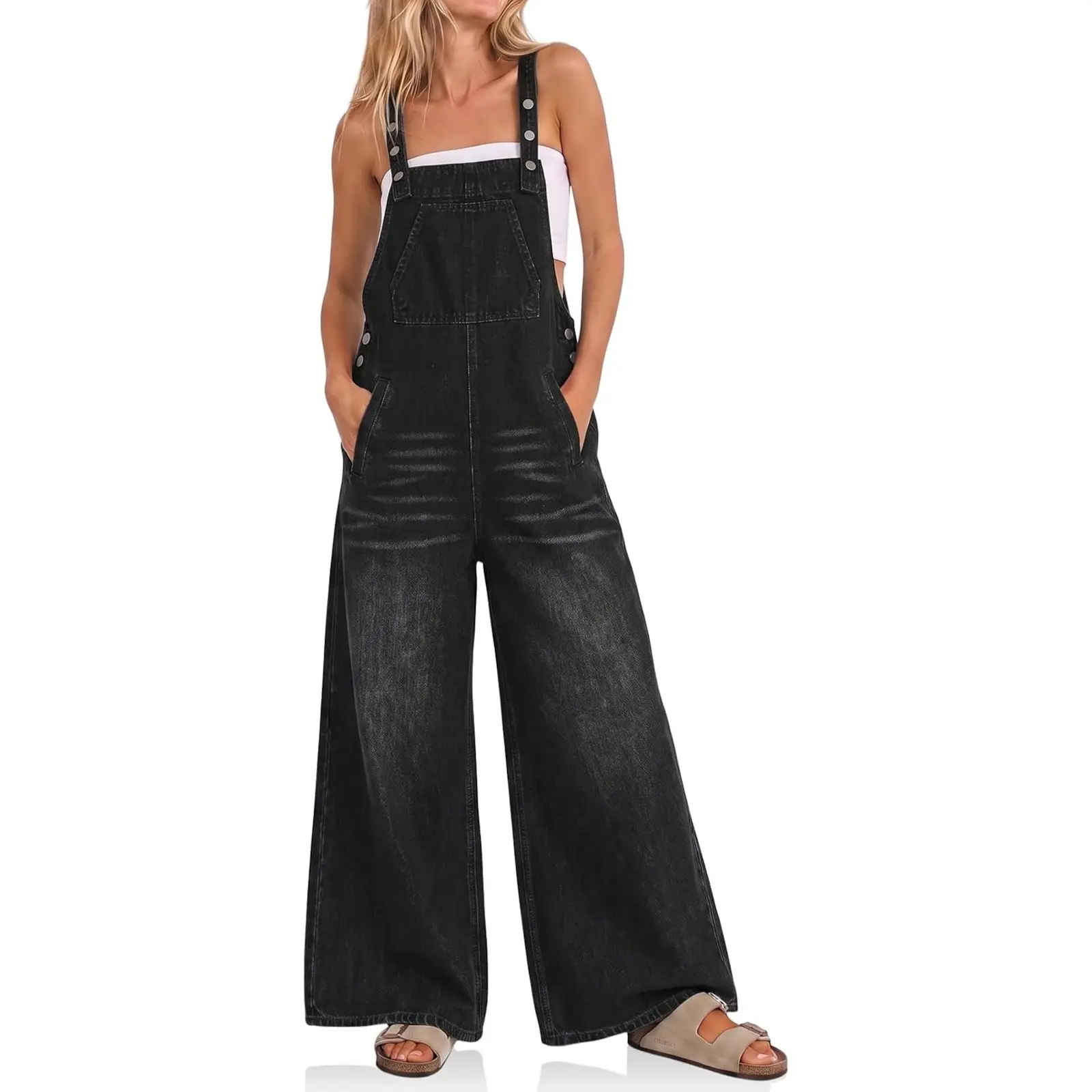 Cicy Bell Women's Bib Denim Overalls Adjustable Straps Flared Jean Jumpsuit | Wide leg, Baggy, Y2k Boyfriend Jean Overalls, Summer Loose Fit, Long Pants Romper, Trendy Casual, Daily Wear, Button Down
