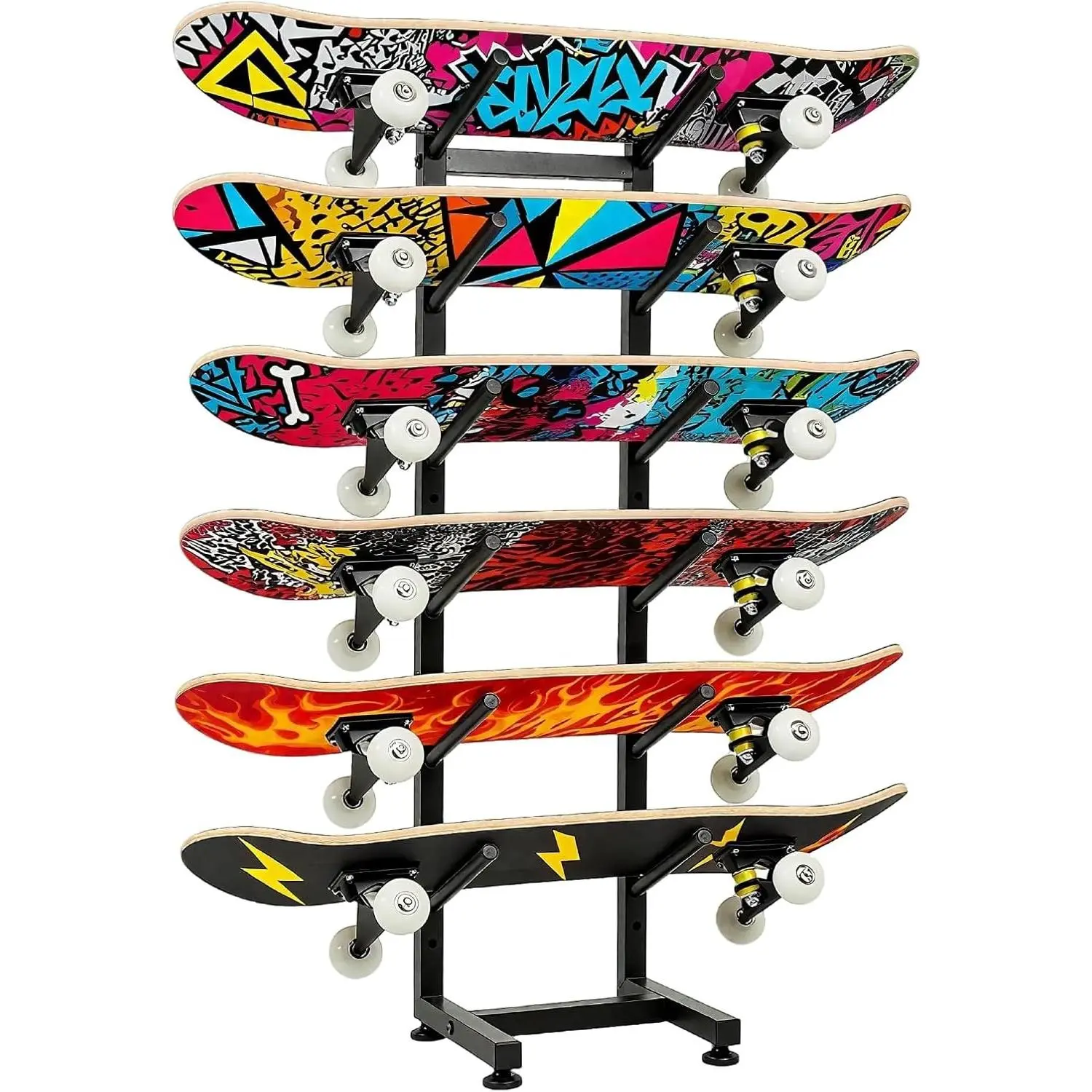 6-Tiers Skateboard Racks Floor Stand, Skateboard Wall Mount, Snowboard Racks, Skateboard Wall Decor For Homes Garages Skate Shops Gym(Black)