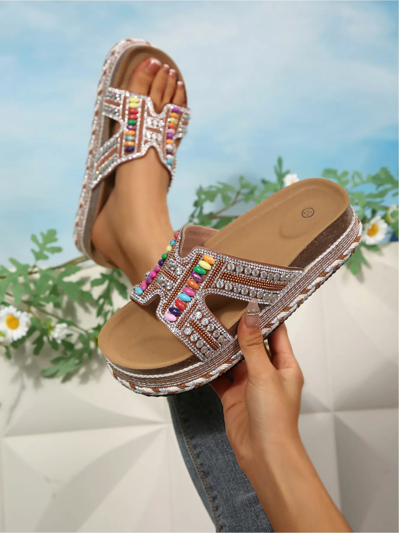 Vintage Boho Style Multicolored Beads Rhinestone Hollow Out Platform Slide Sandals for Women Open Toe Non-Slip Wrapped Edge Chunky Sole Outdoor Vacation Summer Slippers Purple Black White Orange Pink Blue Available