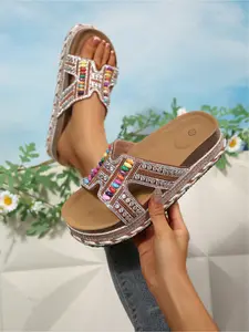 Vintage Boho Style Multicolored Beads Rhinestone Hollow Out Platform Slide Sandals for Women Open Toe Non-Slip Wrapped Edge Chunky Sole Outdoor Vacation Summer Slippers Purple Black White Orange Pink Blue Available