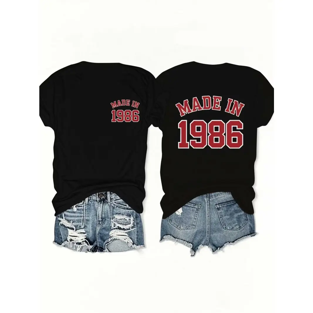 Women's 1986 Vintage Cotton Blend Short-Sleeve Graphic T-Shirt - Soft, Comfortable Letter Print Top for Daily Outings, Birthday Gift - Trendy Casual Ladies' Summer Tee, Shortsleeve