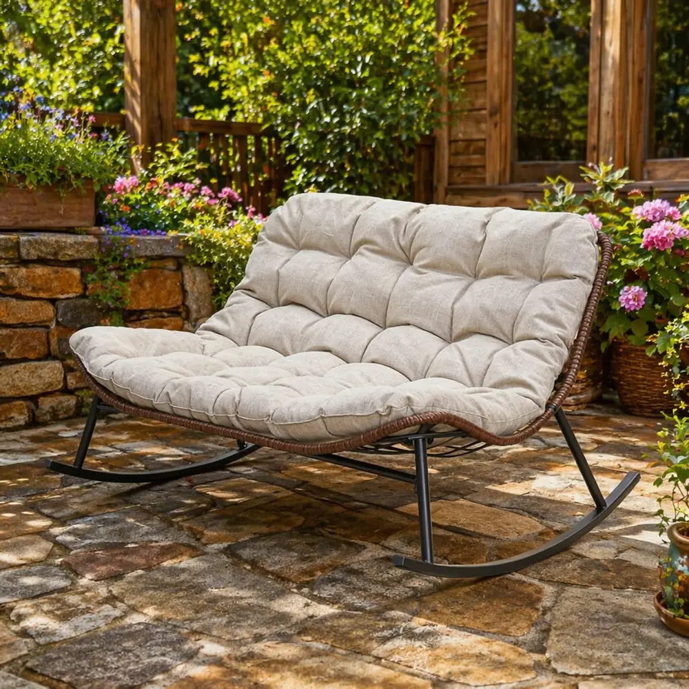 Double Wide Rocking Papasan Chair, Oversized Cozy Round Rocking Chair with Thick Cushion, Indoor Outdoor Wicker Lounge Chair, 2 Person Swing Chair for Living Room, Bedroom, Patio, Balcony, Comfortable Relaxing Accent Chair Furniture