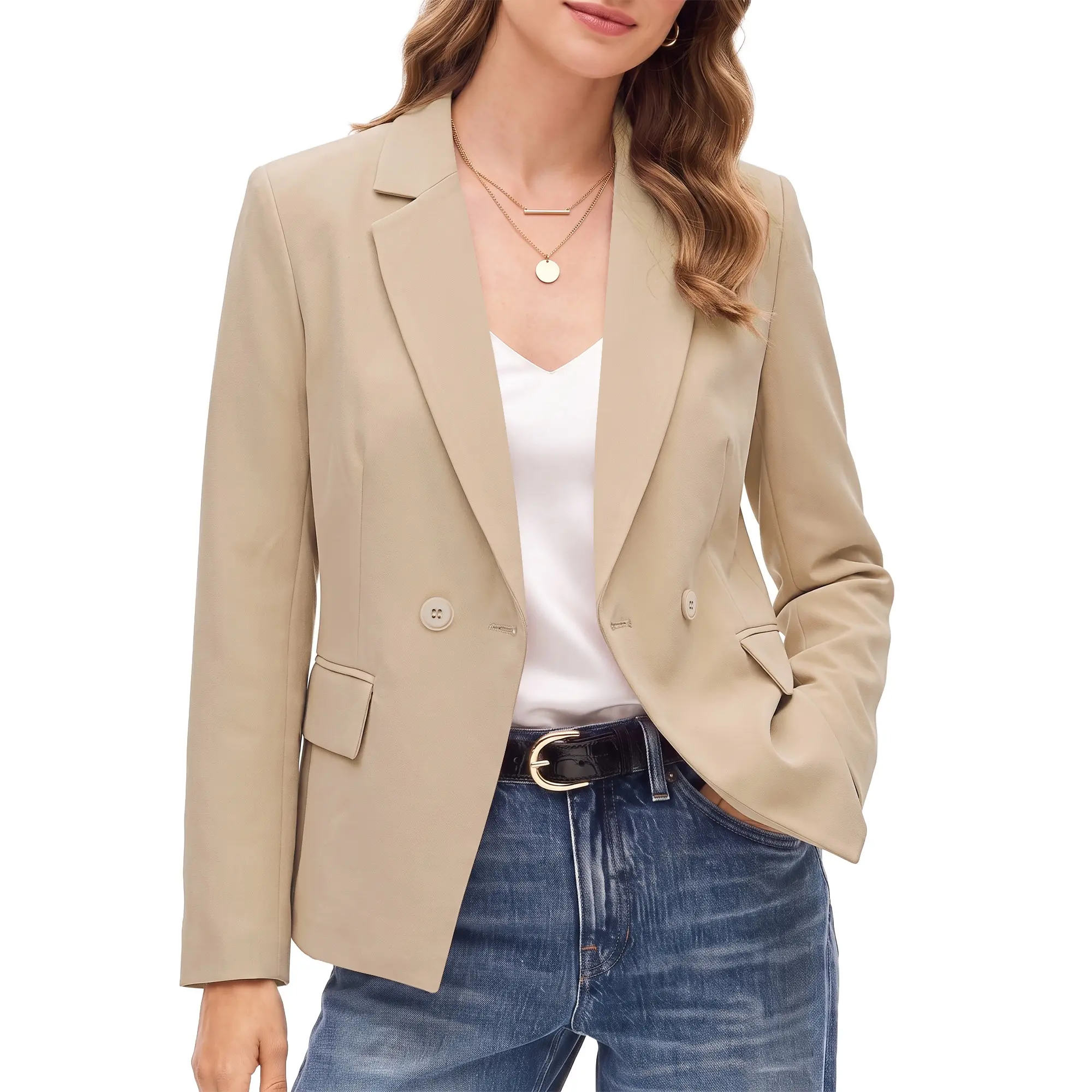 GRAPENT Blazers for Women Business Casual Double Breasted Suit Jackets | Notch Collar, Long Sleeves with Button Cuffs, Flap Pockets, Shoulder Pads, Dressy Casual Fitted Outfits, Work Office Wear