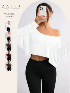Women’s off Shoulder Crop Top, Long Sleeve Loose Fit Batwing Shirt, Casual Oversized Pullover, Sexy Lounge Yoga Workout Cover Up