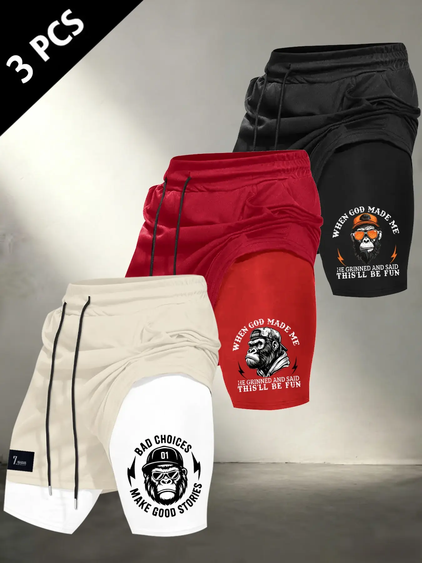 Men 2-in-1 Compression Liner Gym Shorts, Elastic Drawstring Waist Cool Gorilla Letter Graphic Quick Dry Athletic Training Running Shorts With Hidden Pocket Casual Street Workout Bottoms #GymWear #2In1GymShorts #FunnyGorillaPrint