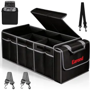Collapsible Trunk Organizer with Insulated Leakproof Cooler Bag, Removable Lid, Adjustable Securing Straps, 3 Compartments for SUV, Truck, Sedan (Grey & Black)
