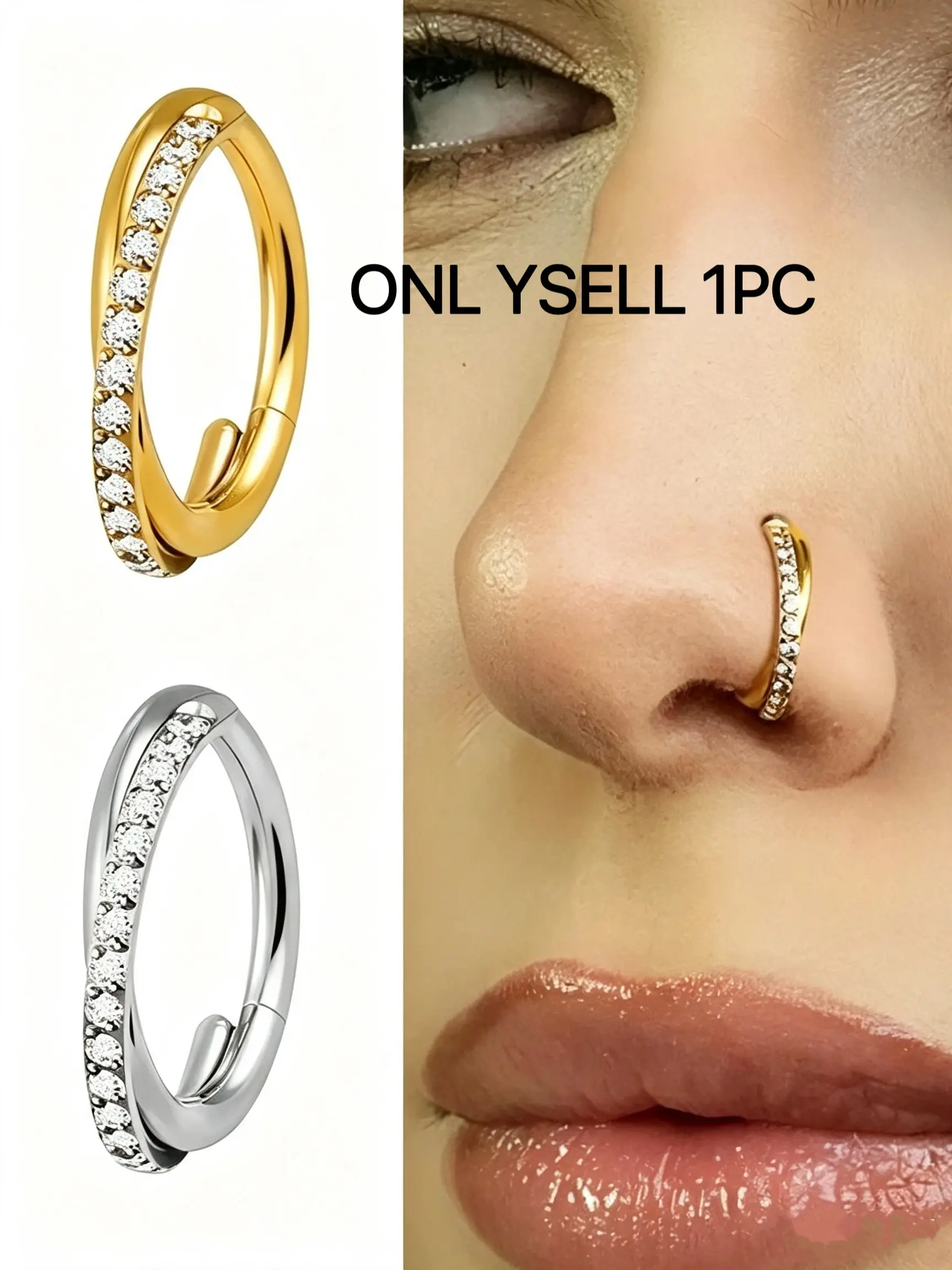 16g 8mm/10mm F136 Titanium Half Paved Zircon Spiked Chain Septum Clicker Ring, Hinged Punk Thorn Hoop, Stainless Steel Piercing Jewelry