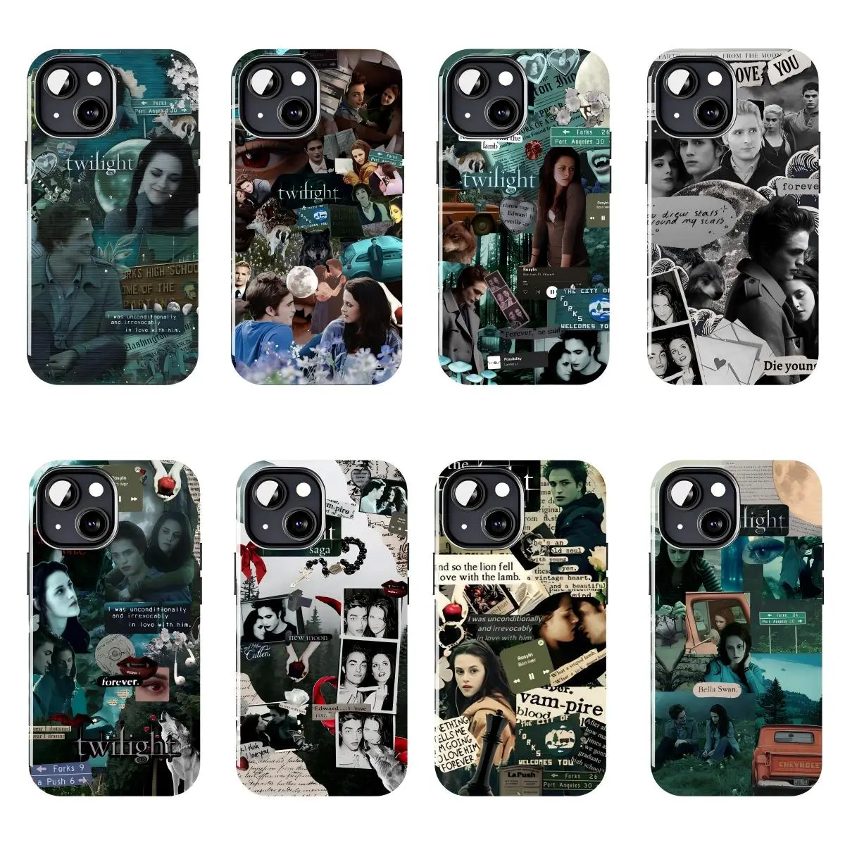 *Twilight*-themed phone case featuring a vampire romance design of Bella Swan and Edward Cullen, blending movie fan art with Gothic romantic collage elements; compatible with iPhone 11–17 Pro Max/Plus and Samsung Galaxy S23–S25 series models.