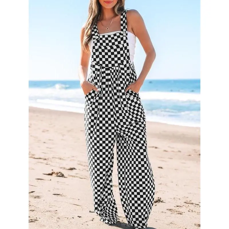 Women's checkerboard printed pocket wide leg jumpsuit, casual workwear jumpsuit, suitable for daily wear, all season women's clothing