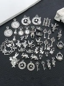 44pcs Mixed Alice in Wonderland Fairy Charms Collection - Antique Alice Rabbit Steampunk Skeleton Keys Pendants for DIY Jewelry Making