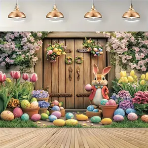 Easter Bunny Floral Backdrop Spring Garden Style Tapestry Wall Hanging, Seasonal Photography Background, Premium Polyester Decorative Banner for Party Venue, Family Gathering, Photo Booth, Living Room Display, Holiday Celebration