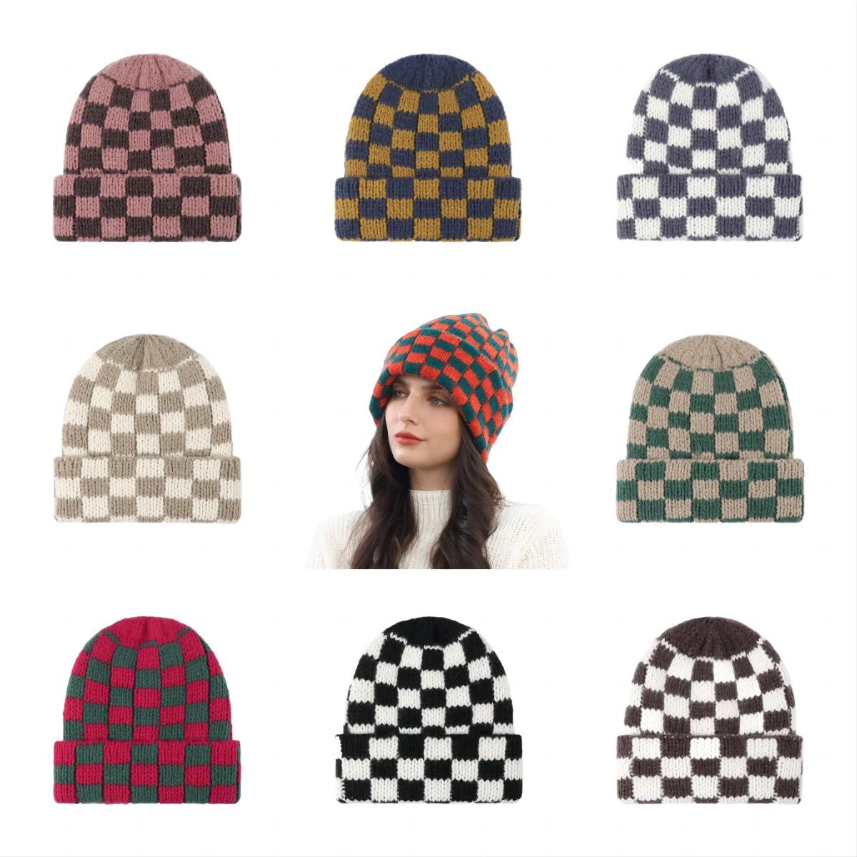 New Japanese Korean Winter Check Plaid Skullies Beanies Knit Hat for Women Ins Luxury Brand Y2k Bonnet Heavy Warm Hat Casual Cap