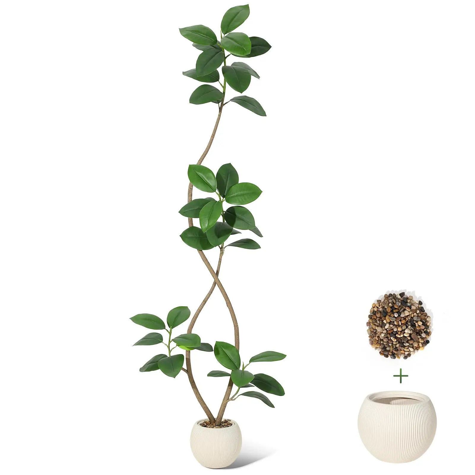 Garvee Artificial Rubber Tree with Dual Stems Featuring Realistic Green Leaves, Standing 210cm Tall in a Black Planter with White Stones – Ideal for Home, Office, and Living Room Decoration