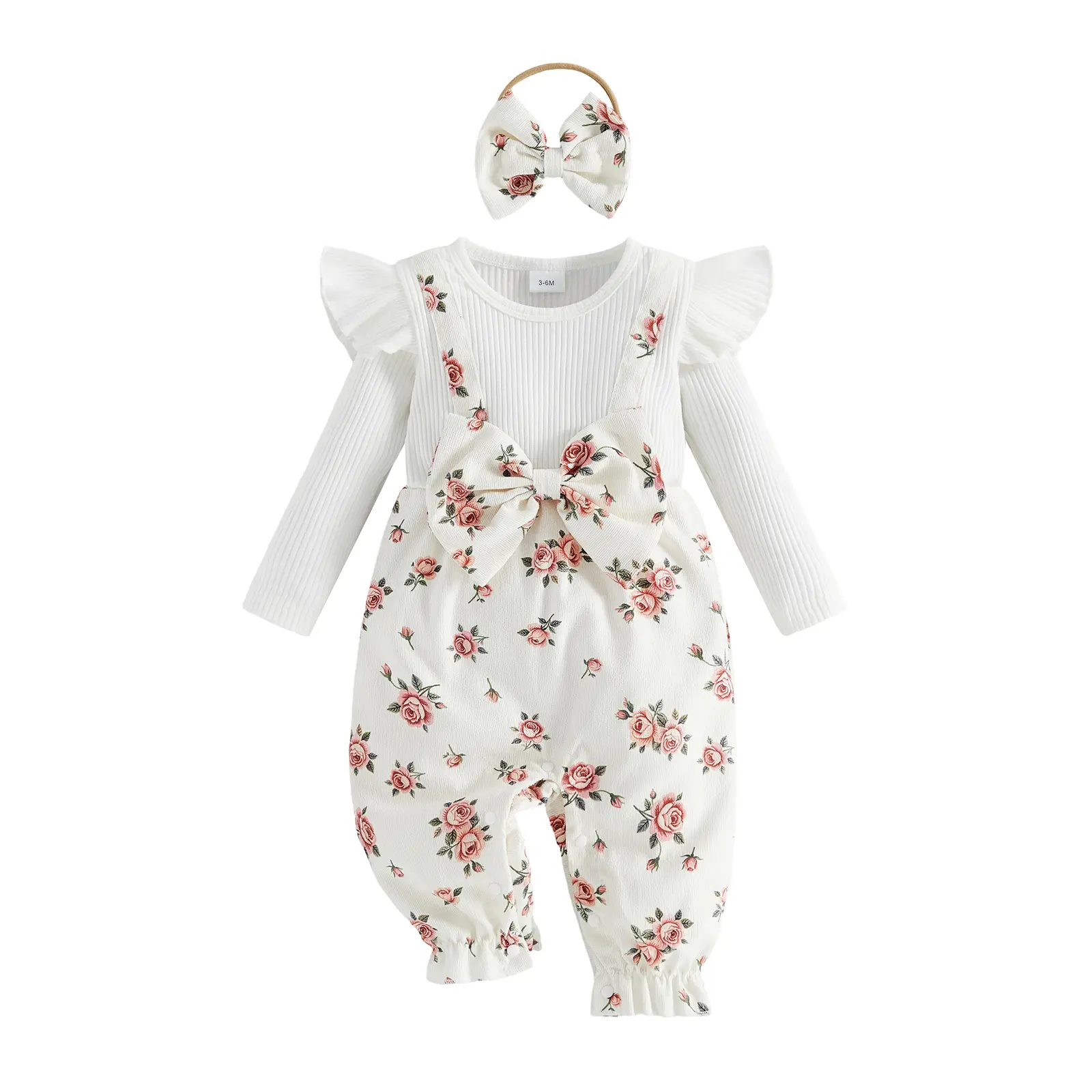 Infant Baby Girls Outfits Rose Print Long Sleeve Jumpsuit and Headband Set Fall Winter 1-12 Months