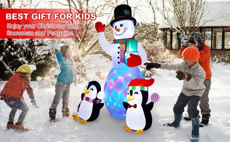 Christmas Inflatables Outdoor Decorations, 8 FT Inflatable Snowman with Penguins, Blow Up Xmas Decorations Clearance Indoor Outdoor Yard Patio Lawn Decor with LED Christmas Lights