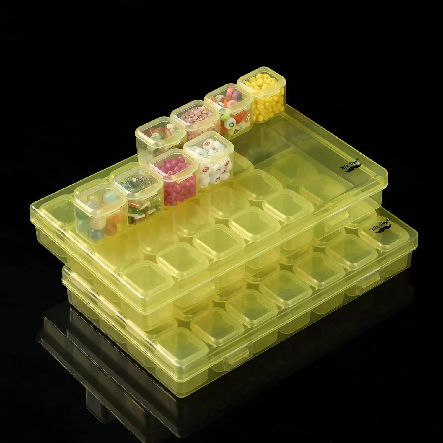 2-Pack Transparent Yellow Bead Organization Storage Containers with Snap-Shut Lids, 28-Grid Boxes, 160-Count Label Stickers for DIY Needlework Crafting Supplies