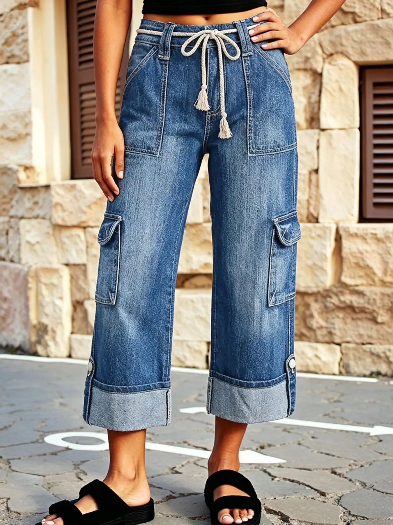 Women's Vintage Washed 3/4 Woven Cargo Denim Wide-Leg Pants - Adjustable Tassel Drawstring Waist, Side Cargo Pockets, Buttoned Cuffs, Retro Loose Slimming Workwear Casual Bottoms, Loose Fit, Mid Waist, Trouser, Washed Denim, Straight, Standard Size