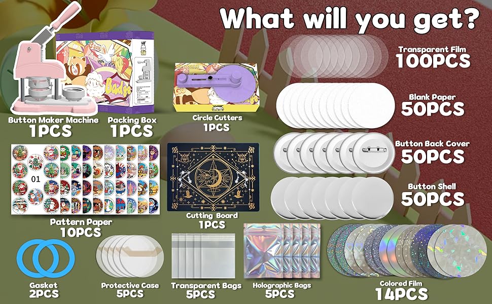 Pink Button Maker Machine 58mm (2.25 inch), DIY Button Pin Maker Machine Comes with Free Button Parts, Circle, Cutting Board, Pattern Paper, Holographic Bags, Colored Film, and Protective Case