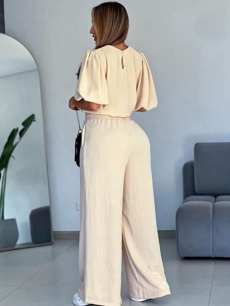 Women's Fashion Outfit, Half-Sleeve Top & Wide-Leg Pants, Casual Style for All Seasons, Women's Clothing Collection