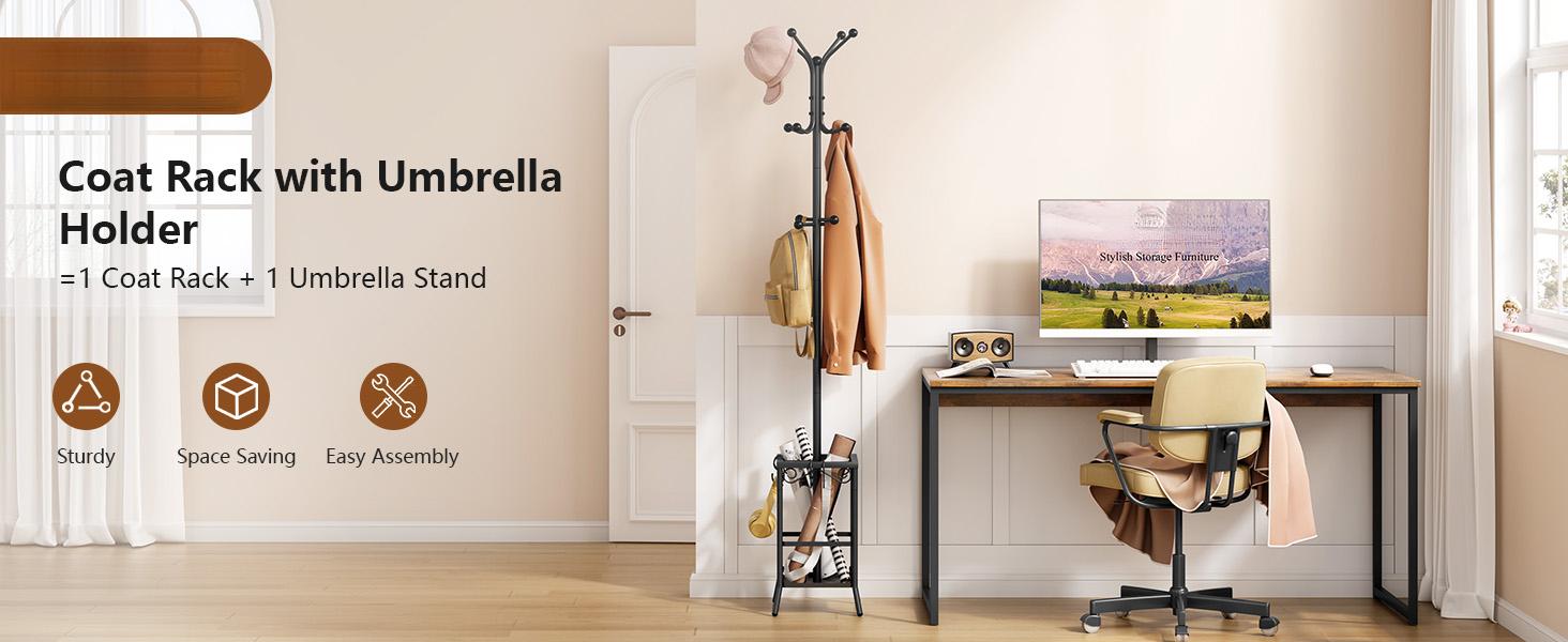 Coat Rack Freestanding, Coat Tree with Umbrella Holder, Metal Coat Rack Stand with 12 Hooks, Standing Coat Hanger Stand, Umbrella Stand for Entryway, Hat Rack Stand for Home Office, Black