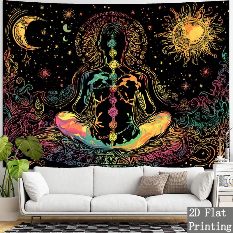 A Single Piece of Colorful 2D Flat Fabric Featuring a Spiritual Chakra And Cosmic Design, Showcasing The Chakra System. This Vibrant Wall Hanging Is Perfect for Your Living Room, Bedroom