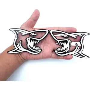 2Pc Angry Shark Emblem Badges Red Eye 3D Fender Sticker Nameplate Replacement for Universal Car Body Motorcycle SUV Door Window Decoration (White Red)