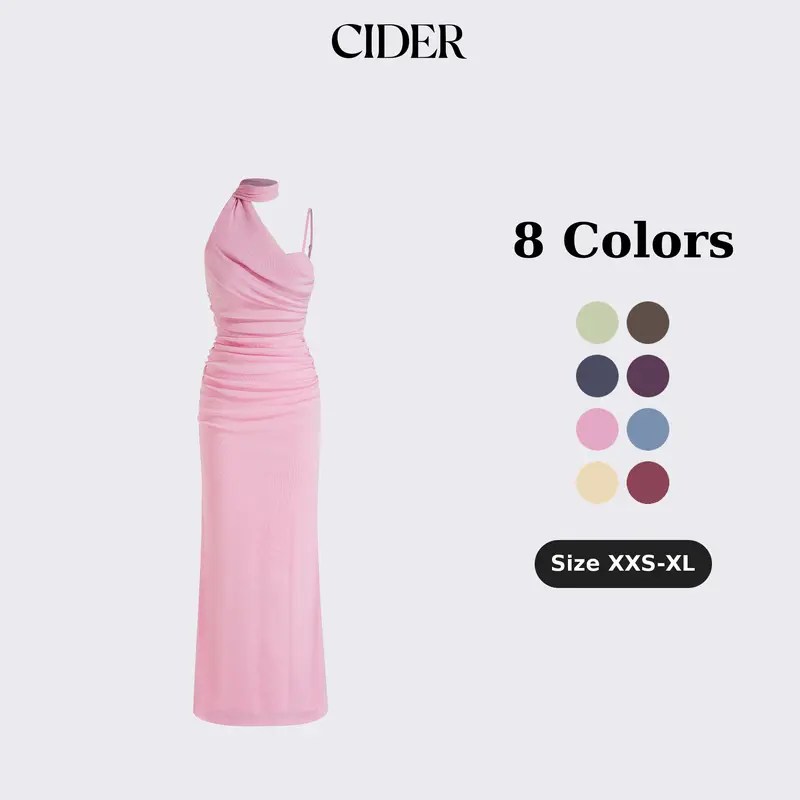 Cider Mesh Halter Neckline Ruched Maxi Dress With Scarf
