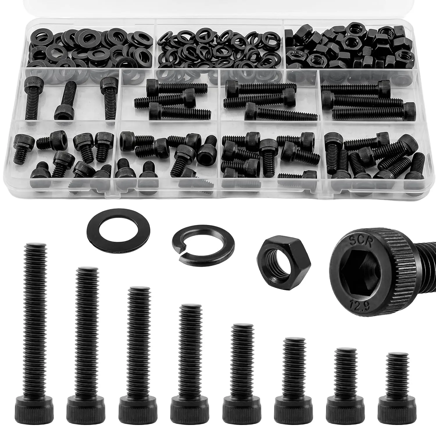 176 count  M6 Hex Socket  Cap Screws Kit, M6x8-35mm, 12.9 | M6x8/10/12/16/20/25/30/35mm Hex Socket  Cap  with Nuts & Washers, 12.9 Grade Alloy Steel, Anti-Rust for  Printer,