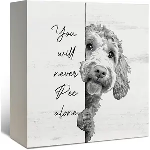 Goldendoodle Bathroom Decor, Goldendoodle Gifts Wooden Box Sign, Black and White Will Never Pee Alone Wood Signs for Bathroom Toilet Restroom Counter Shelf Wall Decoration 5x5 Inch