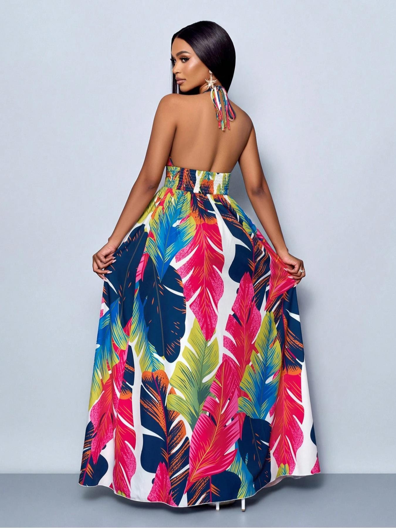 Women's All Over Print Tie Back Halter Neck Dress, Boho Casual Sleeveless Long Dress for Beach Holiday Vacation, Ladies Summer Clothes