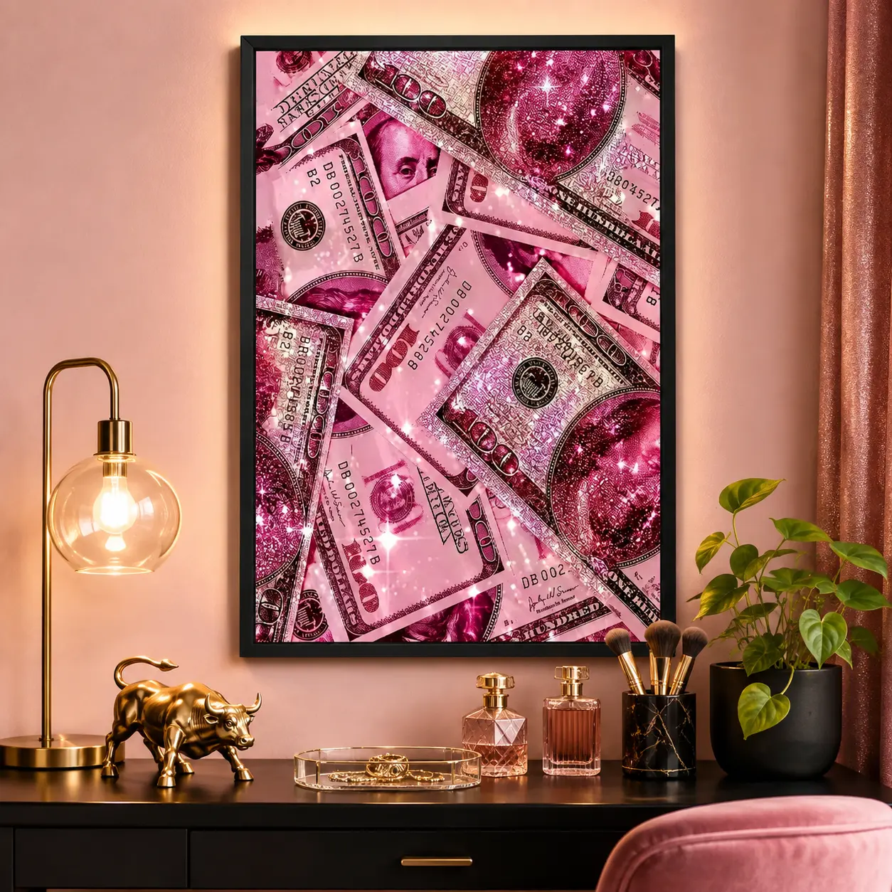 Glam Pink Money Glitter Black Frame Canvas Painting,Sparkling Hundred Dollar Bill Wall Artwork, Luxury-Inspired Bedroom Beauty Room Boutique Office Decor, Durable Decorative Print, Trendy Gift for Her