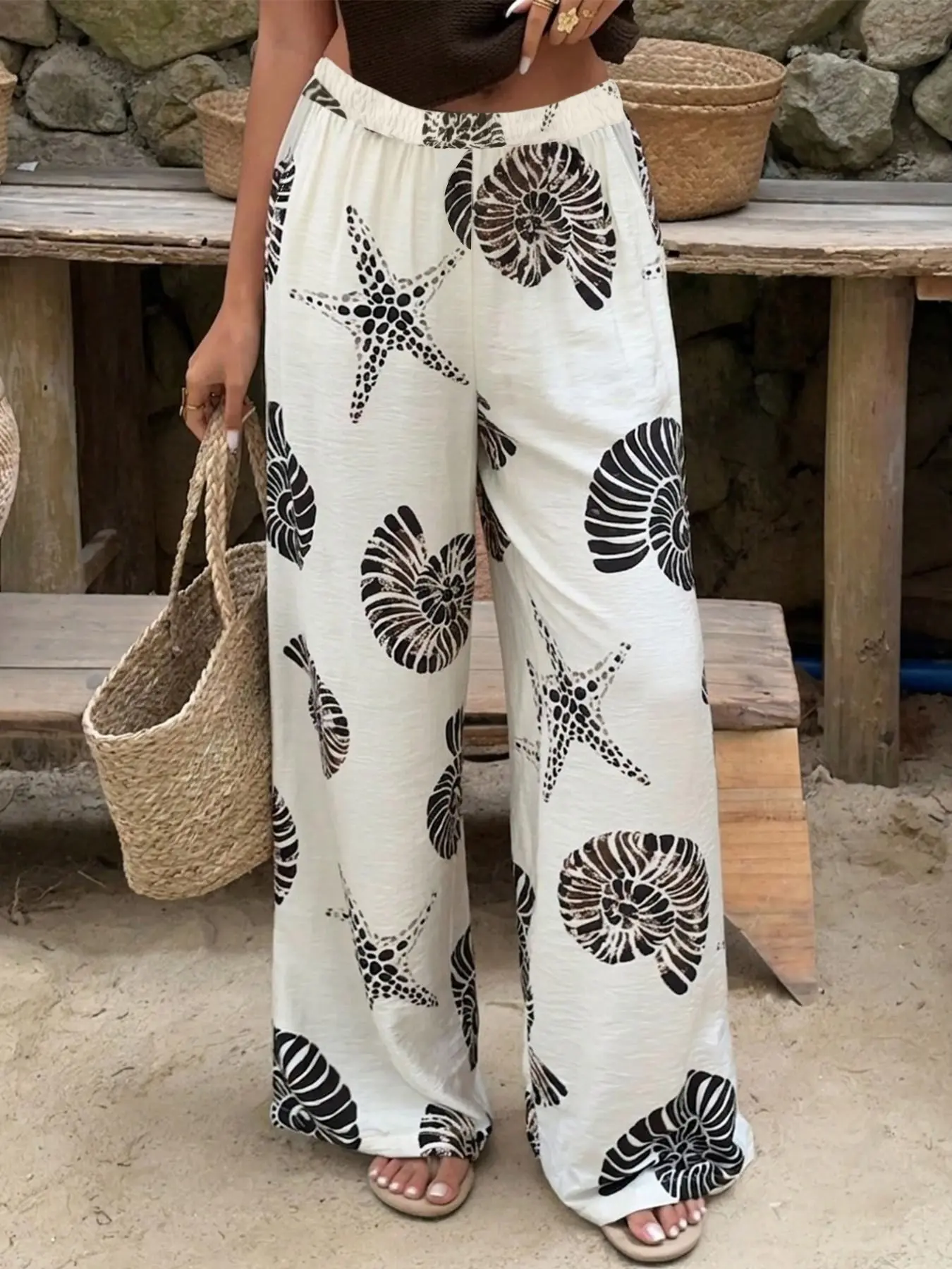 Women's Loose Straight Leg Pants, Starfish Shell Digital Print Design, Casual Vacation Wear, Comfortable and Stylish Casual Fashion Bottoms